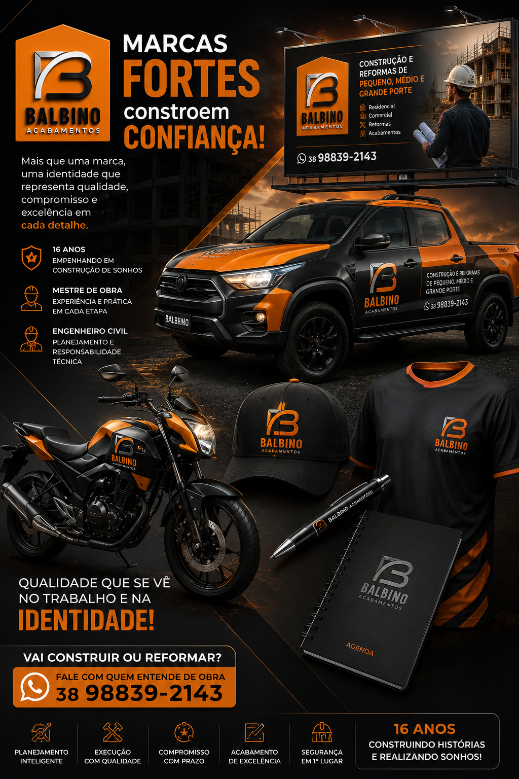 Identidade visual Balbino Acabamentos: logo, frota personalizada, uniformes e papelaria da marca